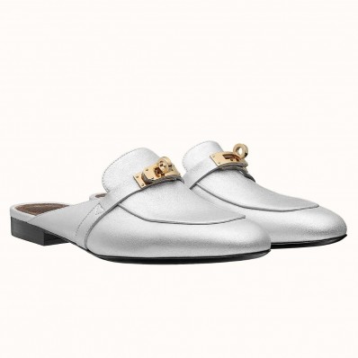 AAAAA Imitation Hermes Oz Mules In Silver Metallic Calfskin HD1777Yv18