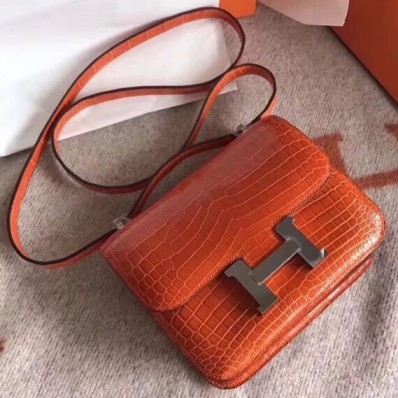 Best Replica Hermes Constance 24 Handmade Bag In Orange Niloticus Crocodile HD533zU69