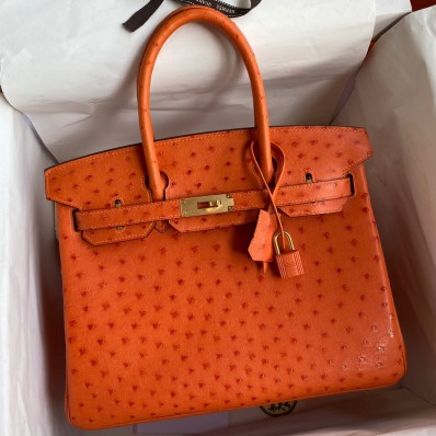 Copy Hermes Birkin 30 Retourne Handmade Bag In Orange Ostrich Leather HD189vA83