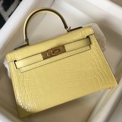 Copy Hermes Kelly Mini II Bag In Jaune Poussin Embossed Crocodile Leather HD1061Hn31