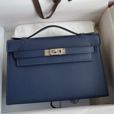 Copy Hermes Kelly Pochette Handmade Bag In Blue Saphir Epsom Calfskin HD1180dK58