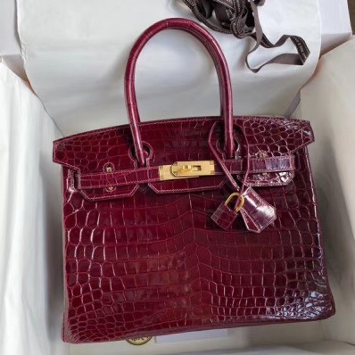 Fake Hermes Birkin 30 Handmade Bag In Bordeaux Crocodile Niloticus Shiny HD377DV93