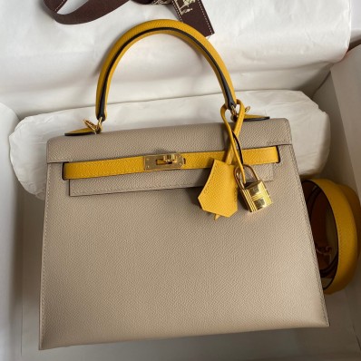 Fake Hermes Kelly Sellier 25 Bicolor Bag in Trench and Yellow Epsom Calfskin HD1278GR32