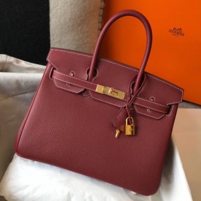 Fake High Quality Hermes Birkin 30cm Bag In Bordeaux Clemence Leather GHW HD208Kf26