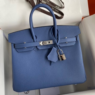 Hermes Birkin 25 Retourne Handmade Bag In Blue Agate Epsom Calfskin HD78wn15