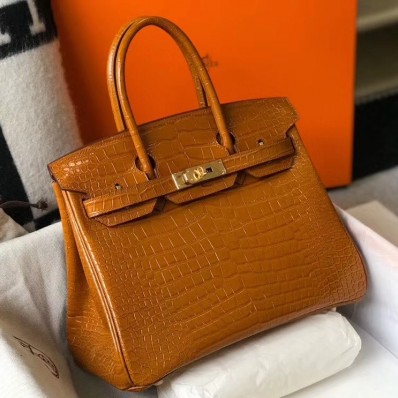 Hermes Birkin 25cm Bag In Gold Embossed Crocodile Leather HD129JV76