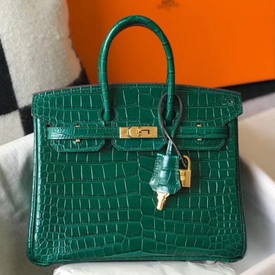 Hermes Birkin 25cm Bag In Green Embossed Crocodile Leather HD130Jk12