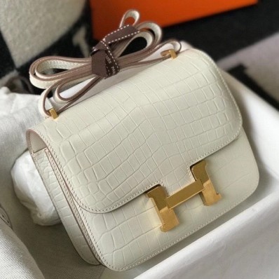 Hermes Constance 18 Handmade Bag In White Embossed Crocodile HD493Ri95