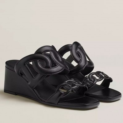 Hermes Figari 55mm Wedge Sandals In Black Nappa Leather HD627Sy67