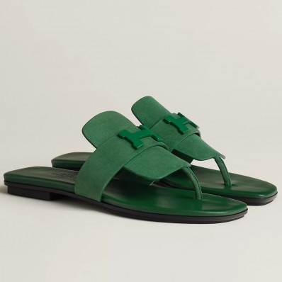 Hermes Galerie Sandals In Green Suede Leather HD636De45