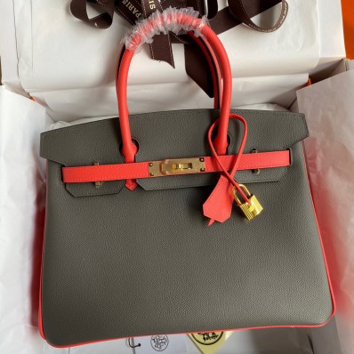 Hermes HSS Birkin 30 Bicolor Bag in Etain and Piment Epsom Calfskin HD763JQ80