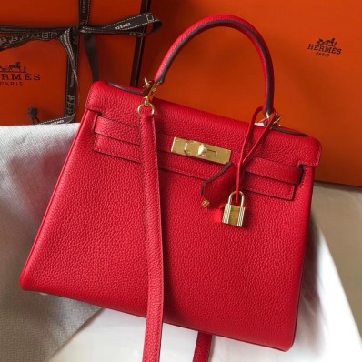 Hermes Kelly 28cm Bag In Red Clemence Leather GHW HD943EW67