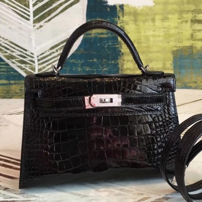 Hermes Kelly Mini II Handmade Bag In Black Alligator Crocodile HD265TV86