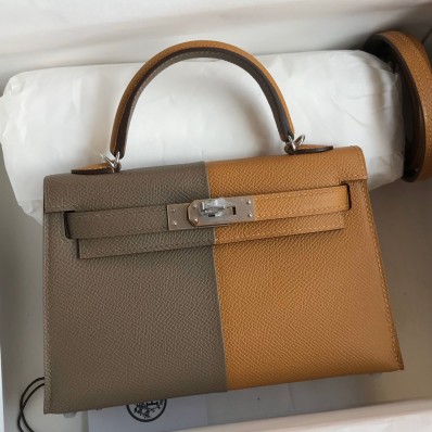 Hermes Kelly Mini II Sellier Tri-color Bag In Taupe/Sesame/Blue Nuit Epsom Calfskin HD1155ge92