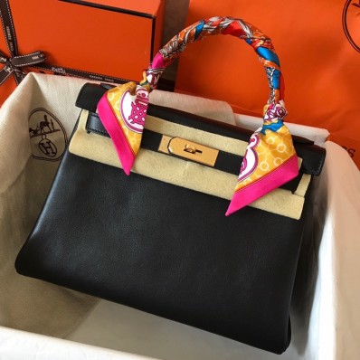 Hermes Kelly Retourne 28 Handmade Bag In Black Swift Calfskin HD1241KD87