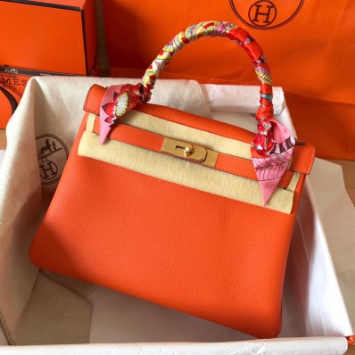 Hermes Kelly Retourne 28 Handmade Bag In Orange Clemence Leather HD1253ho15
