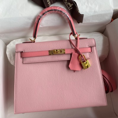 Hermes Kelly Sellier 25 Bicolor Bag in Rose Confetti and Lipstick Mysore Goatskin HD1271Ul96