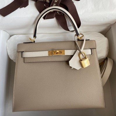 Hermes Kelly Sellier 25 Bicolor Bag in Trench and Craie Epsom Calfskin HD1275ot97