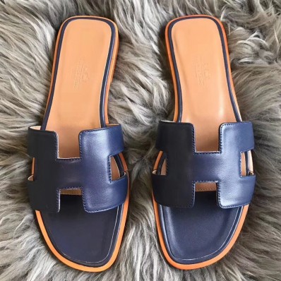 Hermes Oran Sandals In Navy Swift Leather HD1692sk39