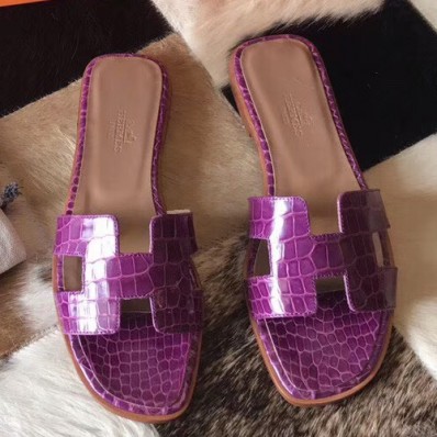 Hermes Oran Sandals In Purple Shiny Niloticus Crocodile HD1700oK58