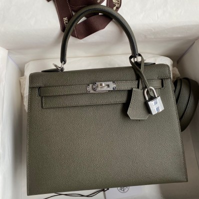 High Imitation Hermes Kelly Sellier 25 Handmade Bag In Vert De Gris Epsom Calfskin HD1319ng31