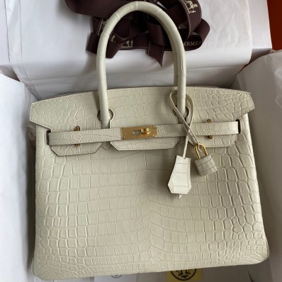 High Quality Fake Hermes Birkin 30 Handmade Bag In Craie Crocodile Niloticus Matte Skin HD146kU69