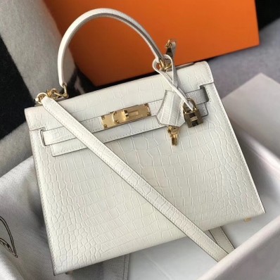 High Quality Hermes Kelly 25cm Handmade Bag In White Embossed Crocodile Leather HD892xJ94