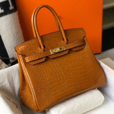 Imitation AAA Hermes Birkin 30cm Bag In Gold Embossed Crocodile Leather HD211Xy49