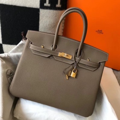 Imitation Hermes Birkin 35cm Bag In Taupe Grey Clemence Leather GHW HD256SU34