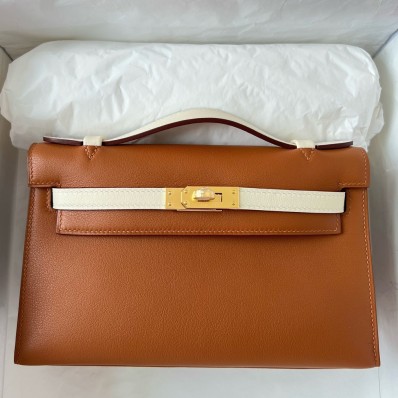 Imitation Hermes HSS Kelly Pochette Bicolor Bag in Gold and Craie Swift Calfskin HD771QQ72