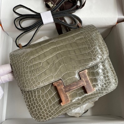 Knockoff Hermes Constance 18 Handmade Bag In Grey Shiny Alligator Leather HD465TL77