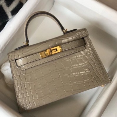 Knockoff Hermes Kelly Mini II Bag In Taupe Embossed Crocodile Leather HD1069WW40