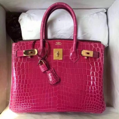 Quality Hermes Birkin 30 Bag In Rose Red Crocodile Niloticus Shiny Skin HD1954rR91