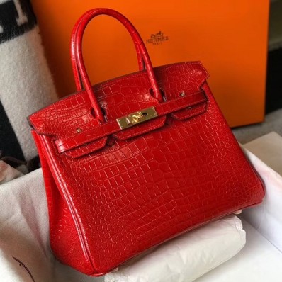 Replica Hermes Birkin 25cm Bag In Red Embossed Crocodile Leather HD135MO84