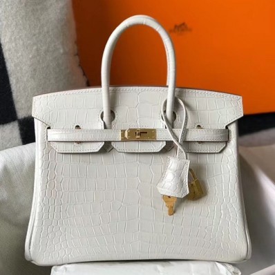 Replica Hermes Birkin 25cm Bag In White Embossed Crocodile Leather HD141Hd81