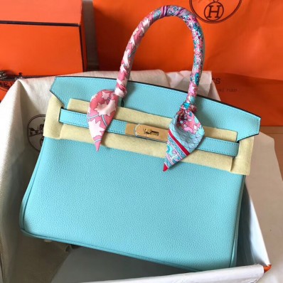 Replica Hermes Birkin 30 Handmade Bag In Blue Atoll Clemence Leather HD299Fi42