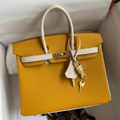 Replica Hermes HSS Birkin 25 Bicolor Bag in Jaune d'or and Craie Epsom Calfskin HD756cS18