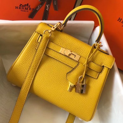 Replica Hermes Kelly 20cm Bag In Yellow Clemence Leather GHW HD884Ix66