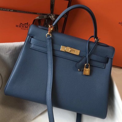 Replica Hermes Kelly 32cm Bag In Blue Agate Clemence Leather GHW HD958BH97