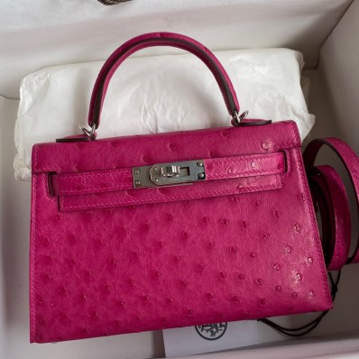 Replica Hermes Kelly Mini II Sellier Handmade Bag In Rose Red Ostrich Leather HD1141DW49