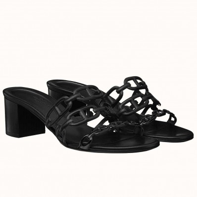 Replica Hermes Tandem Sandals In Black Lambskin HD1984iu55