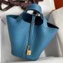 Best Hermes Picotin Lock 18 Handmade Bag in Blue Jean Clemence Leather HD1824Ml87