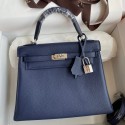 Cheap Hermes Kelly Retourne 25 Handmade Bag In Blue Saphir Clemence Leather HD1223ZZ98