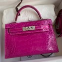 Fake Hermes Kelly Mini II Sellier Handmade Bag In Rose Scheherazade Shiny Alligator Leather HD1144PW78