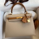 Fake Hermes Kelly Sellier 25 Bicolor Bag in Trench and Gold Epsom Calfskin HD1276Js36