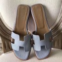 Fashion Hermes Oran Sandals In Blue Lin Epsom Leather HD1668Of26