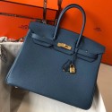 Hermes Birkin 35cm Bag In Blue Agate Clemence Leather GHW HD245pZ48