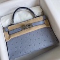 Hermes Kelly Mini II Handmade Bag In Blue Lin Ostrich Leather HD1079PC54