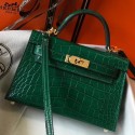 Hermes Kelly Mini II Handmade Bag In Green Crocodile Embossed Leather HD1056AT21