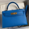 Hermes Kelly Mini II Sellier Handmade Bag In Blue Hydra Chevre Mysore Leather HD1103hl54